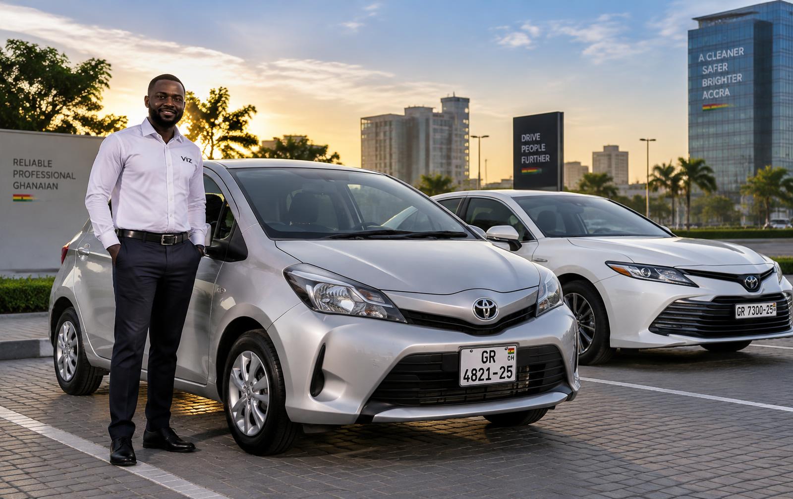 Dux Dandy Logistics driver standing beside a fleet vehicle in Accra