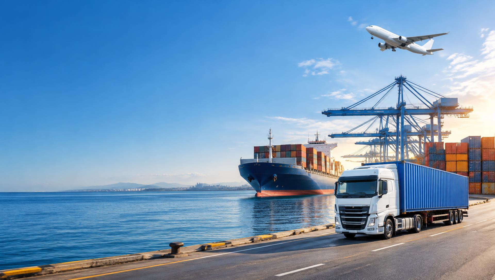 Cargo ship, airplane and container trailer truck at an international shipping port